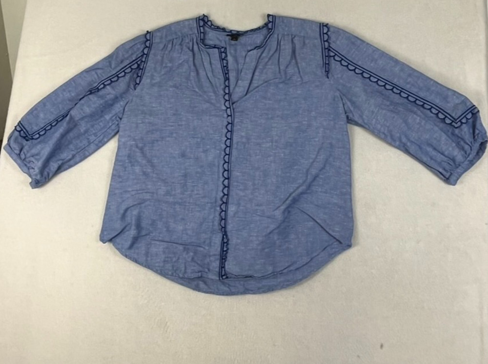 Ann Taylor Women's LP Long Sleeve Blouse Chambray Scalloped Edge Linen Cotton